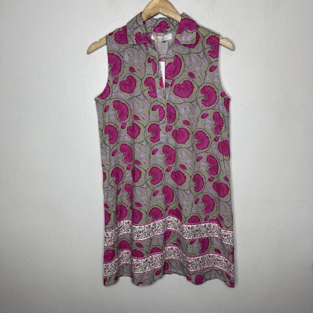 New Bindu Rocio Summer Fresh Floral Dress Pink Green Sleeveless Womens Small